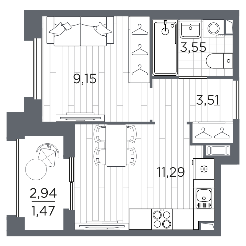 1-комнатная квартира, 28.97 м² в ЖК "Оптимист" - планировка, фото №1