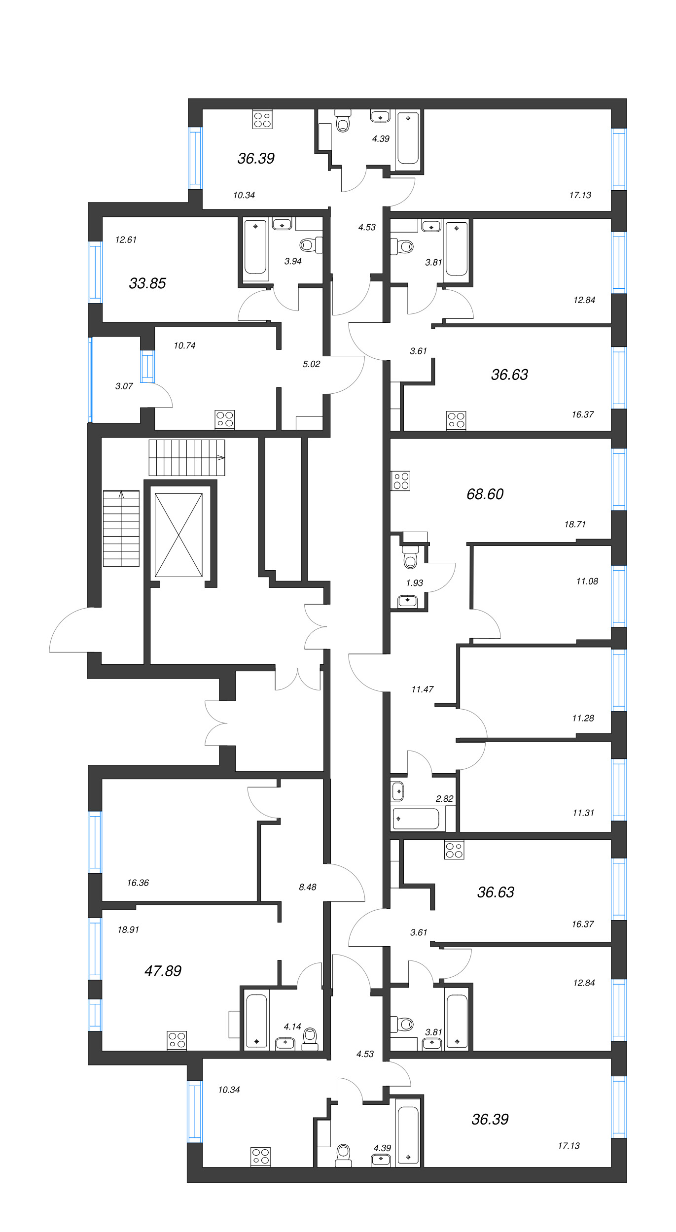2-комнатная (Евро) квартира, 36.63 м² - планировка этажа
