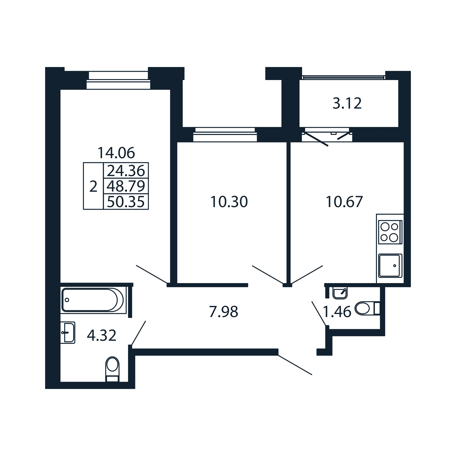 2-комнатная квартира, 48.79 м² в ЖК "Полис Новоселье" - планировка, фото №1