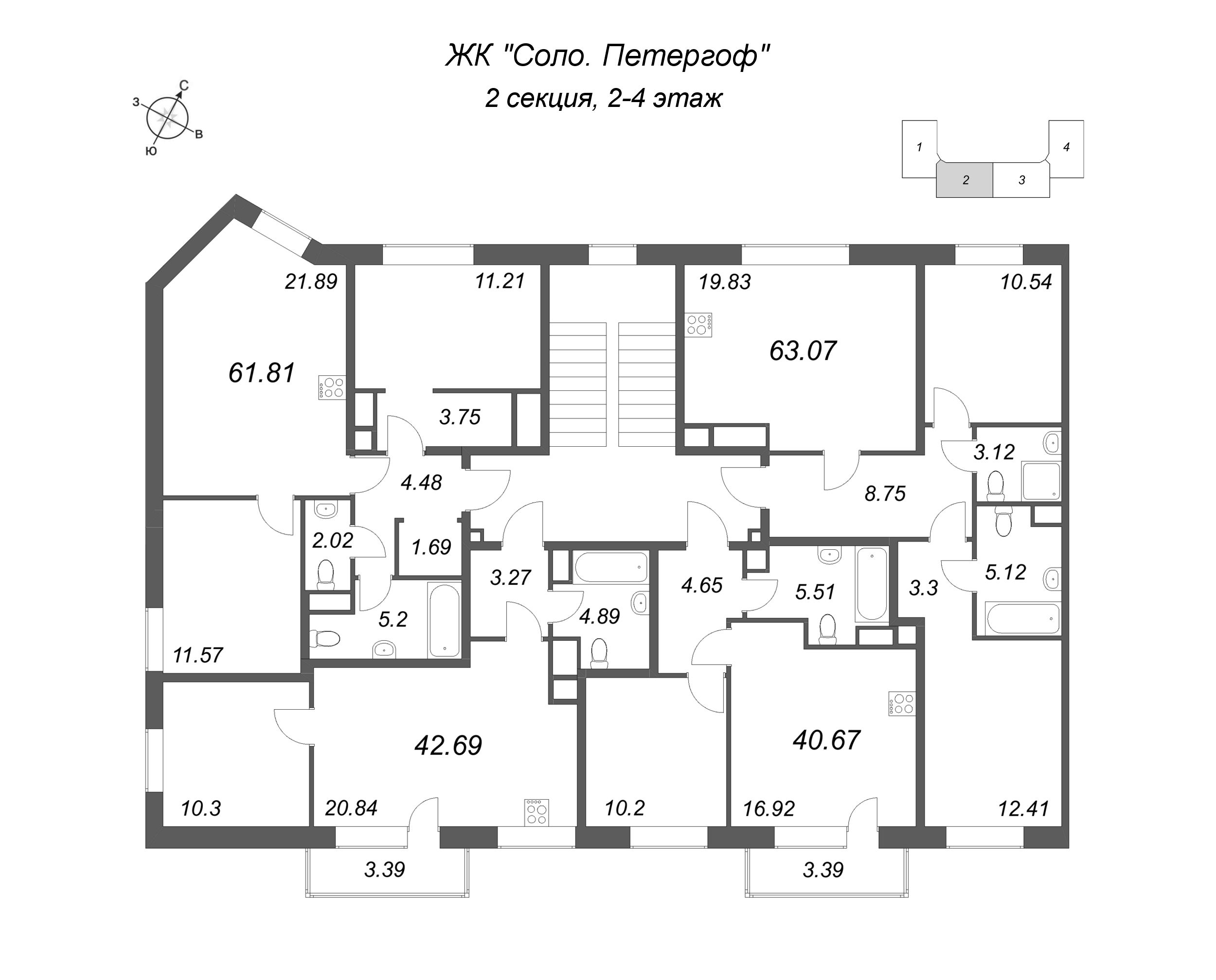 2-комнатная (Евро) квартира, 40.67 м² в ЖК "Соло. Петергоф" - планировка этажа