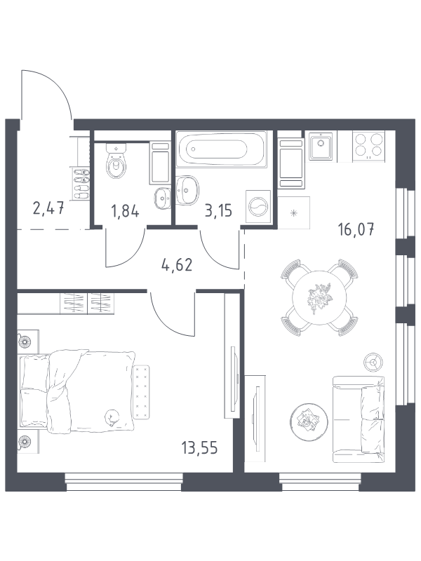 2-комнатная (Евро) квартира, 41.7 м² в ЖК "Новое Колпино" - планировка, фото №1
