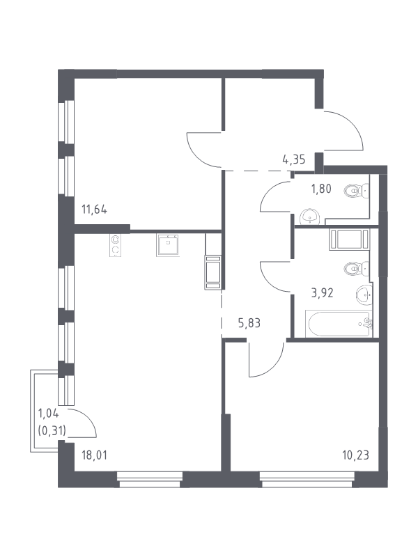 3-комнатная (Евро) квартира, 56.09 м² в ЖК "Новое Колпино" - планировка, фото №1