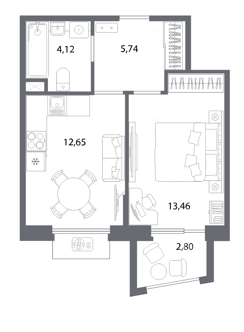 1-комнатная квартира, 36.81 м² - планировка, фото №1