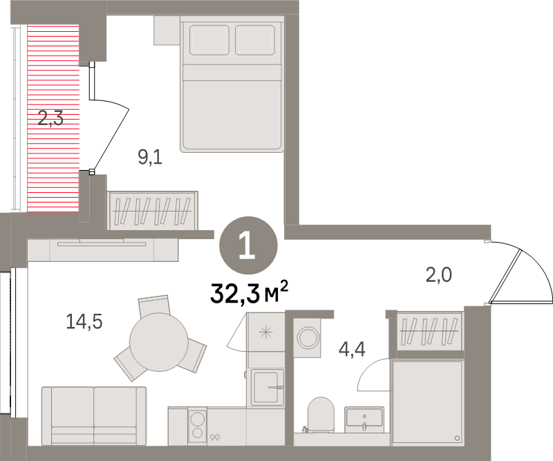 1-комнатная квартира, 32.3 м² в ЖК "Северный ветер" - планировка, фото №1