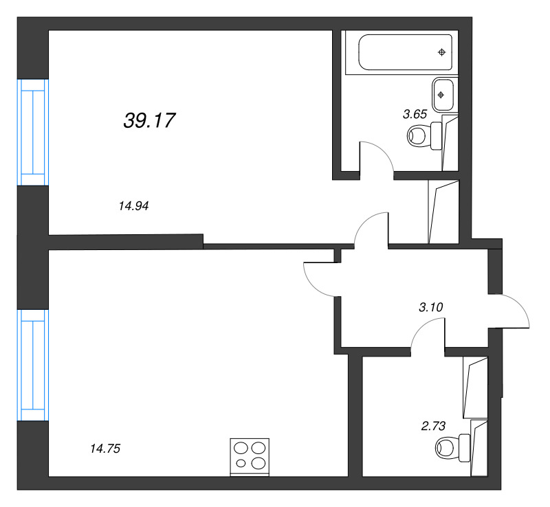 1-комнатная квартира, 39.17 м² в ЖК "Цивилизация на неве" - планировка, фото №1
