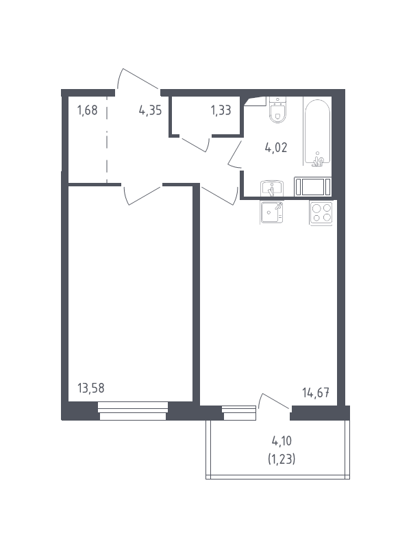 1-комнатная квартира, 40.86 м² - планировка, фото №1