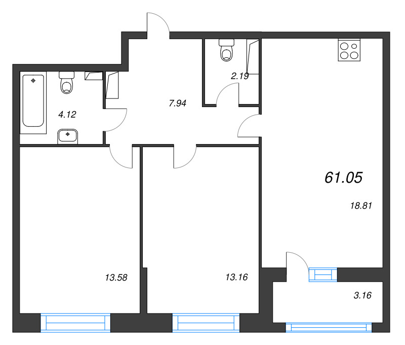3-комнатная (Евро) квартира, 61.05 м² - планировка, фото №1