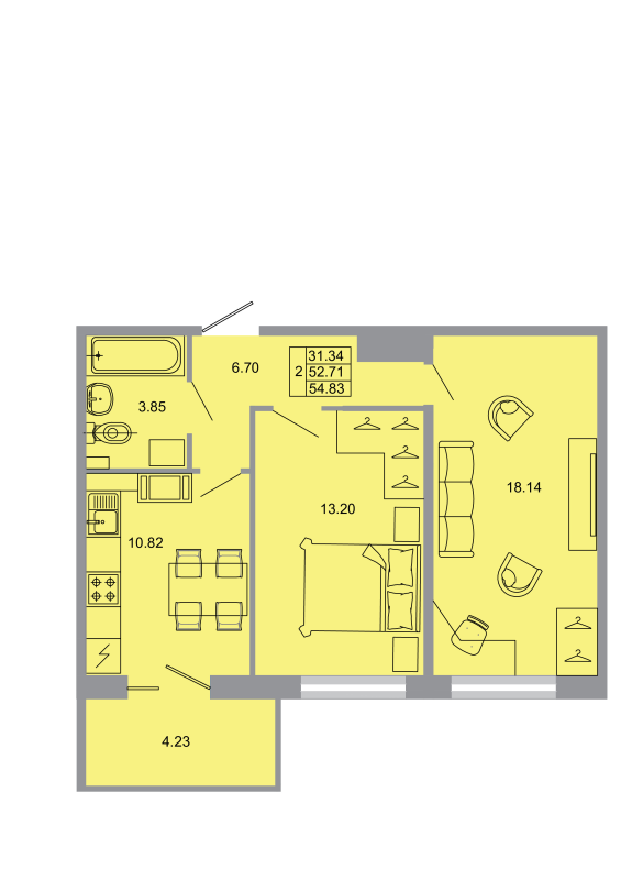 2-комнатная квартира, 53.5 м² - планировка, фото №1
