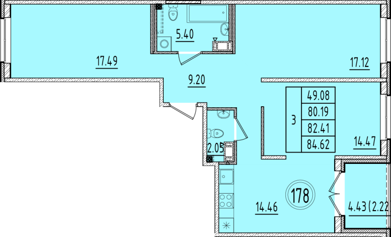 3-комнатная квартира, 80.19 м² в ЖК "Образцовый квартал 6.4" - планировка, фото №1