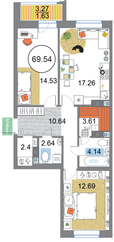 2-комнатная квартира, 69.54 м² в ЖК "Modum" - планировка, фото №1