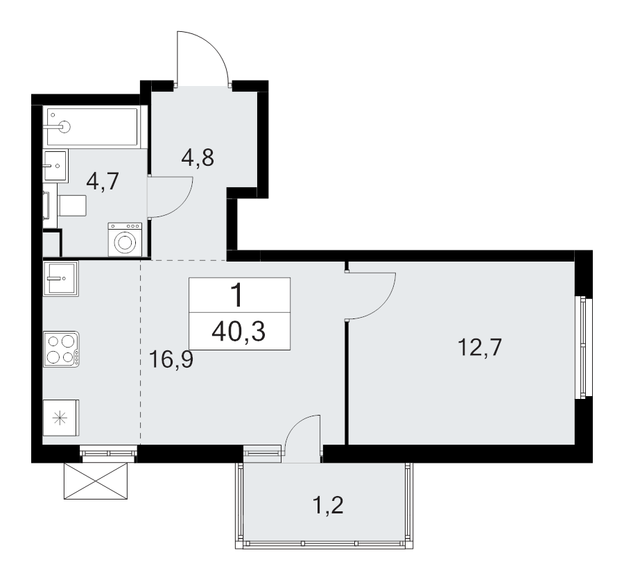 2-комнатная (Евро) квартира, 40.3 м² в ЖК "А101 Лаголово" - планировка, фото №1