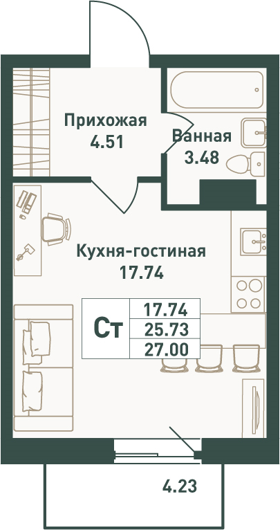 Квартира-студия, 27 м² в ЖК "Тандем" - планировка, фото №1