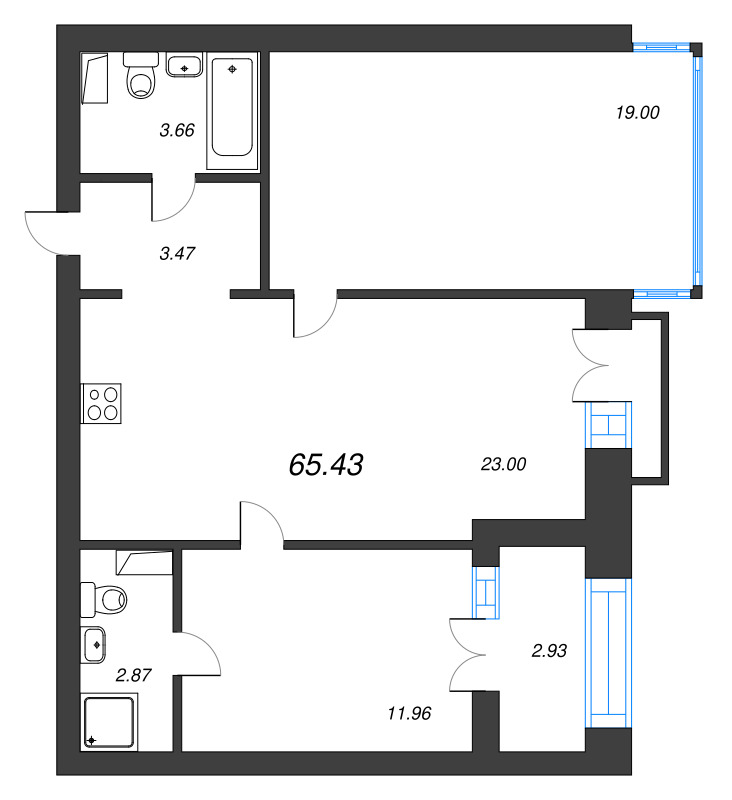 3-комнатная (Евро) квартира, 69.8 м² в ЖК "Наука" - планировка, фото №1