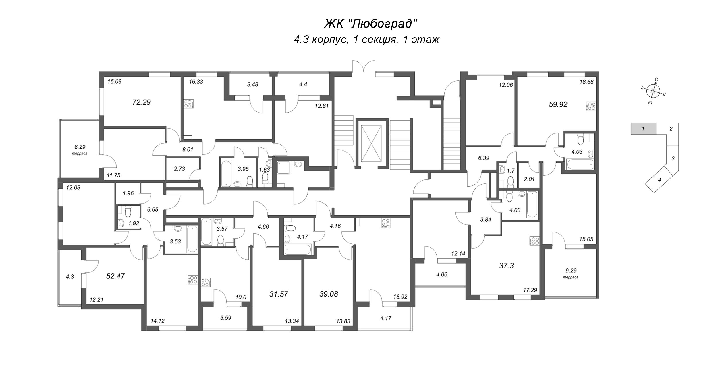 1-комнатная квартира, 31.57 м² в ЖК "Любоград" - планировка этажа