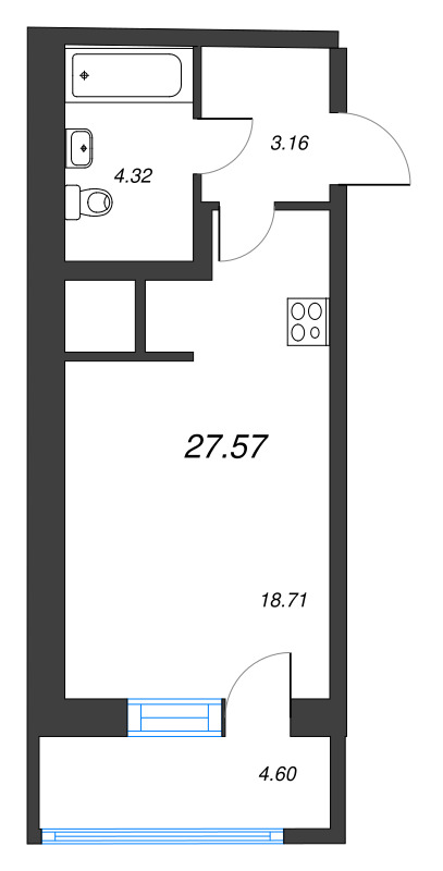 Квартира-студия, 27.57 м² в ЖК "Искра-Сити" - планировка, фото №1
