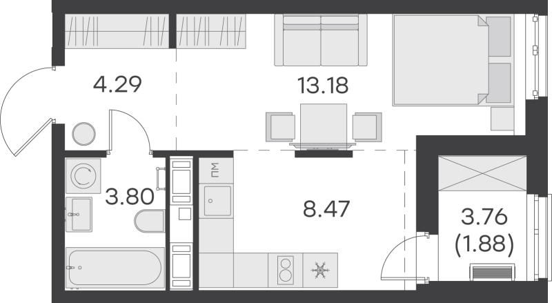 Квартира-студия, 31.62 м² - планировка, фото №1