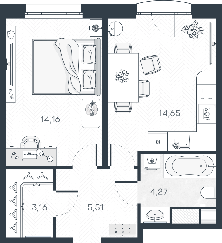 1-комнатная квартира, 42.35 м² в ЖК "MONODOM-ART" - планировка, фото №1