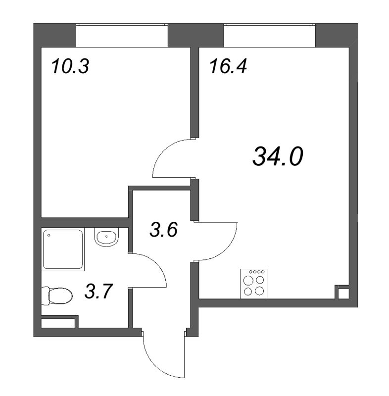 2-комнатная (Евро) квартира, 34 м² в ЖК "Пулково Лейк" - планировка, фото №1