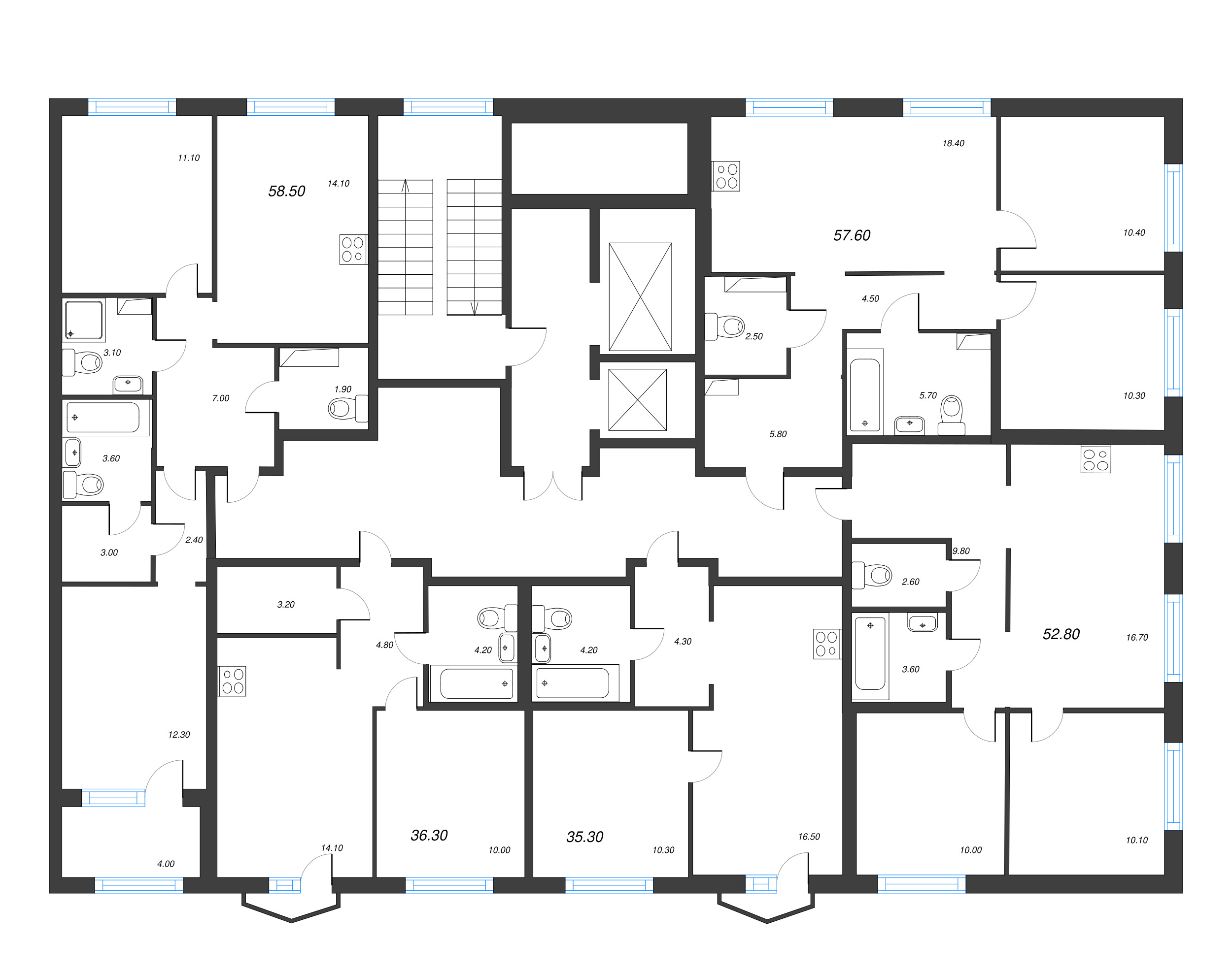 2-комнатная (Евро) квартира, 35.3 м² в ЖК "Струны" - планировка этажа