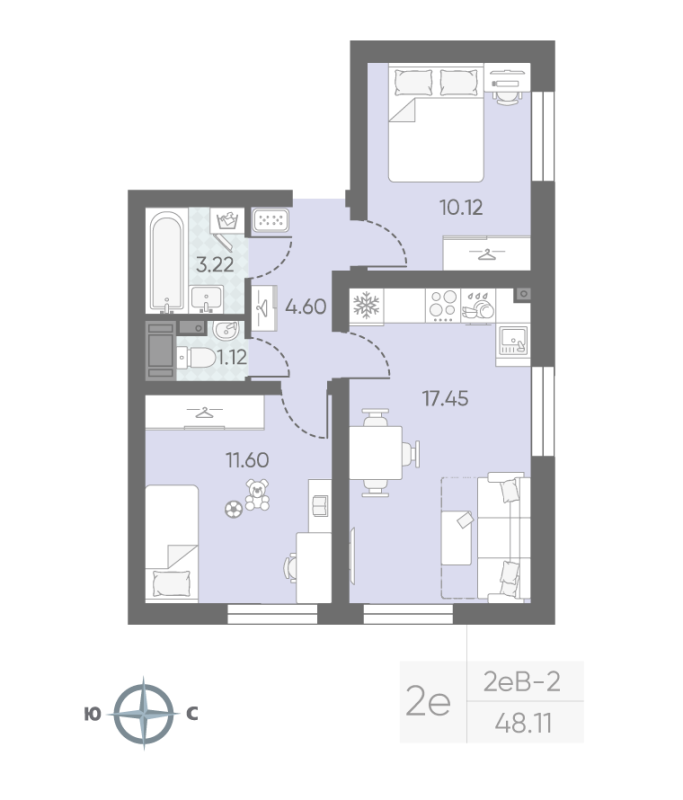 2-комнатная квартира, 48.11 м² в ЖК "Морская миля" - планировка, фото №1