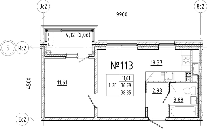 2-комнатная (Евро) квартира, 38.85 м² в ЖК "N8" - планировка, фото №1