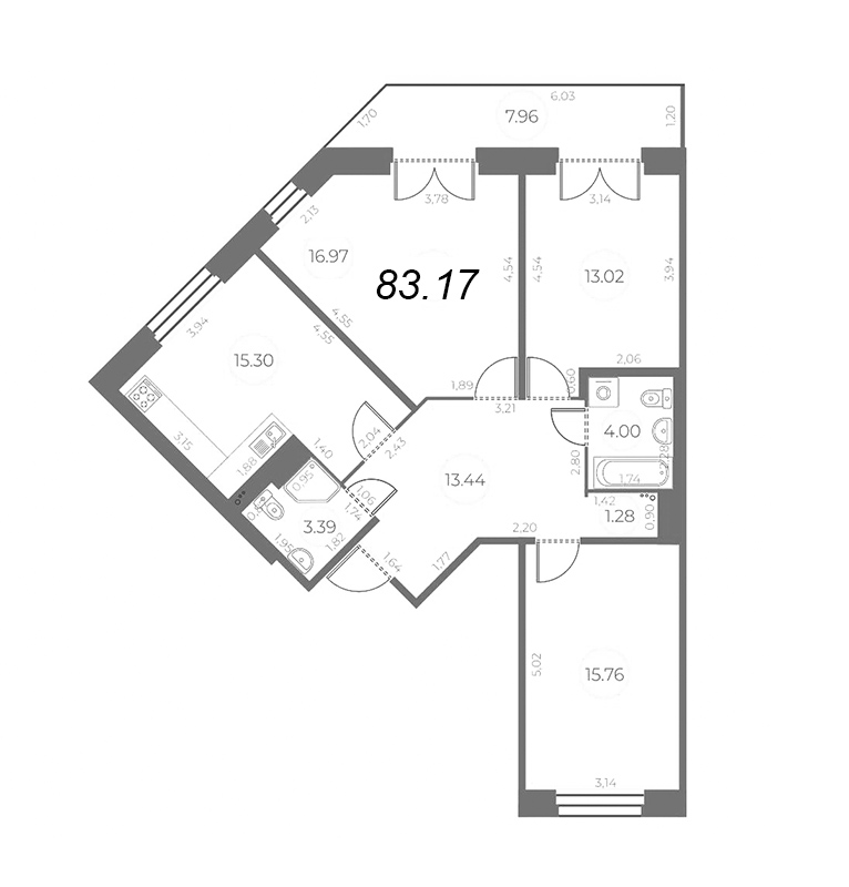 4-комнатная (Евро) квартира, 85.56 м² - планировка, фото №1