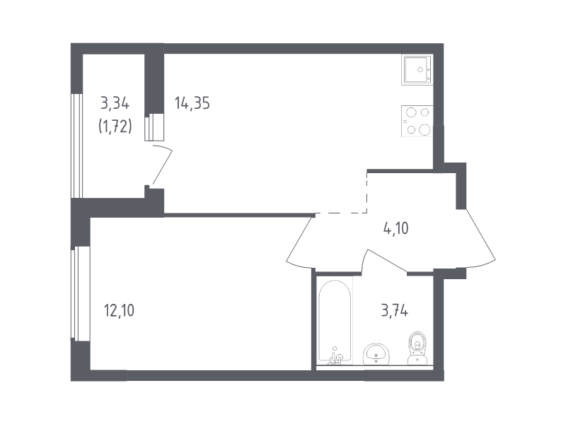 1-комнатная квартира, 36.01 м² - планировка, фото №1