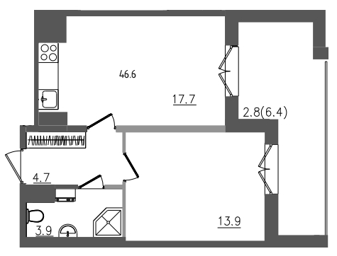 2-комнатная (Евро) квартира, 46.6 м² в ЖК "Upoint" - планировка, фото №1