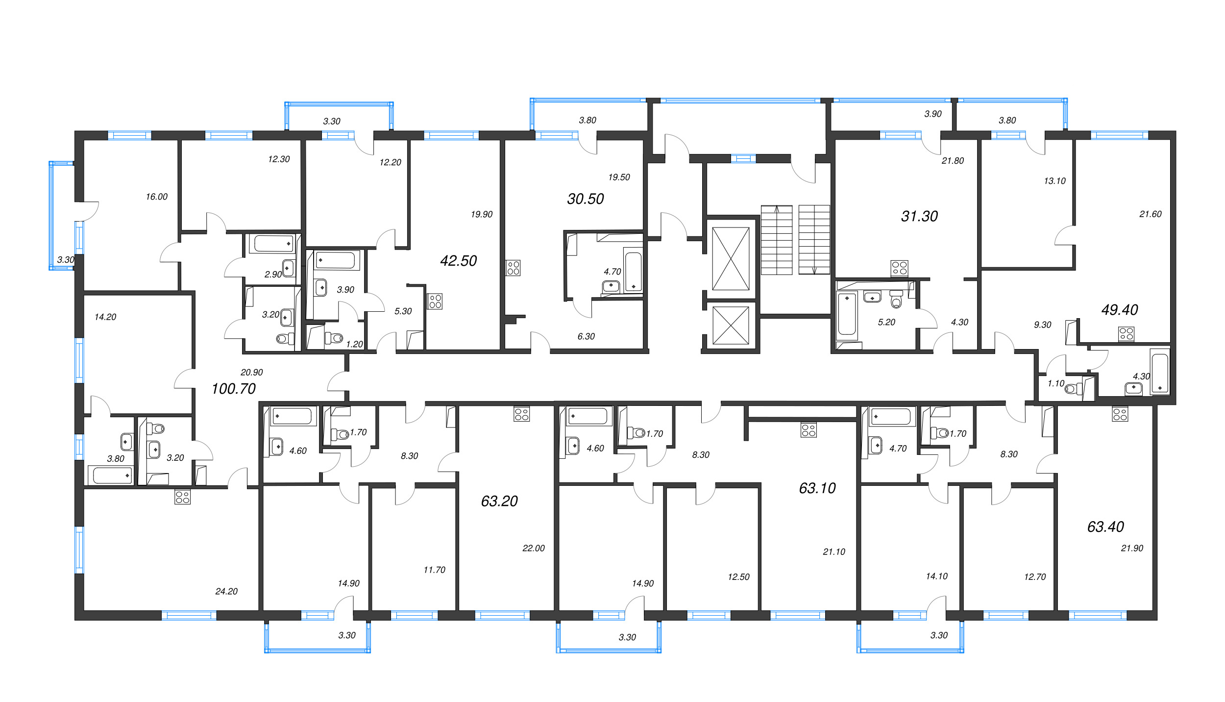 3-комнатная (Евро) квартира, 63.1 м² в ЖК "Руднева 15" - планировка этажа