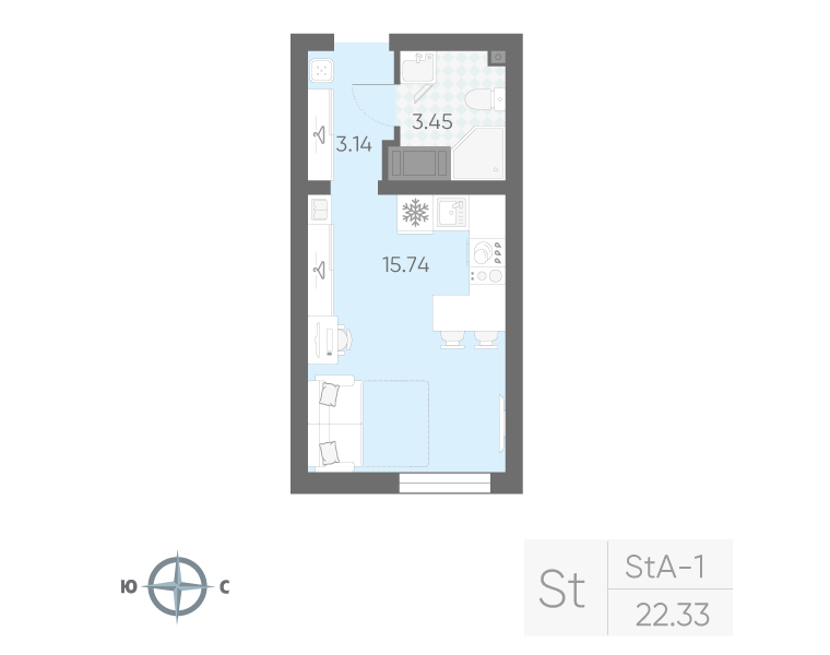 Квартира-студия, 22.33 м² в ЖК "Морская миля" - планировка, фото №1
