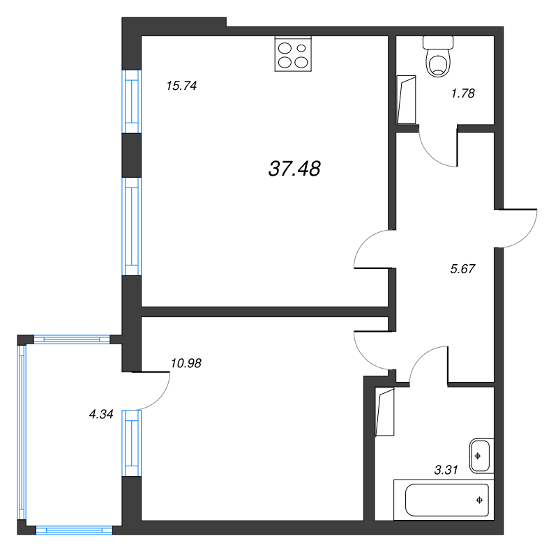 2-комнатная (Евро) квартира, 37.48 м² - планировка, фото №1