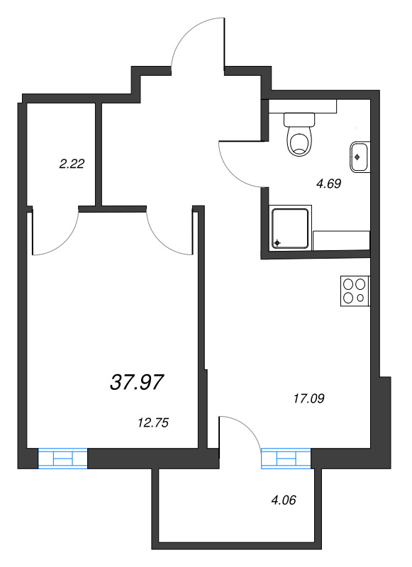 1-комнатная квартира, 37.97 м² - планировка, фото №1