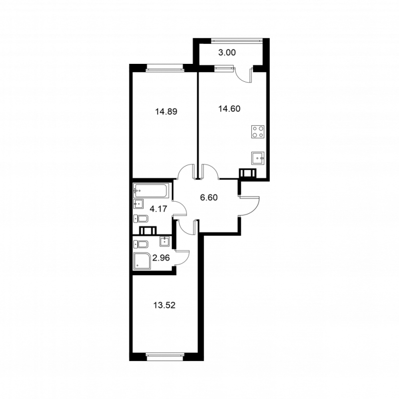 2-комнатная квартира, 58.24 м² - планировка, фото №1