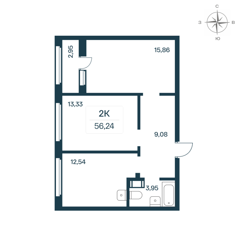 2-комнатная квартира, 55.78 м² - планировка, фото №1