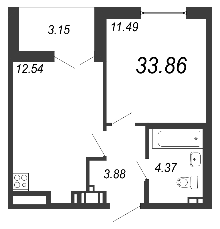 1-комнатная квартира, 35.43 м² - планировка, фото №1