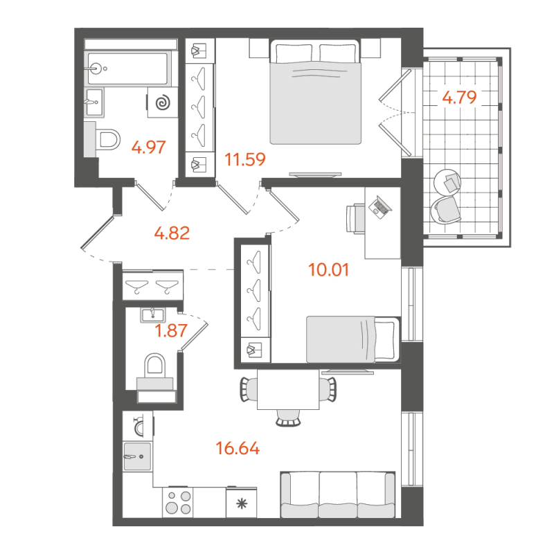 3-комнатная (Евро) квартира, 50.97 м² в ЖК "STAVNI Обводный" - планировка, фото №1