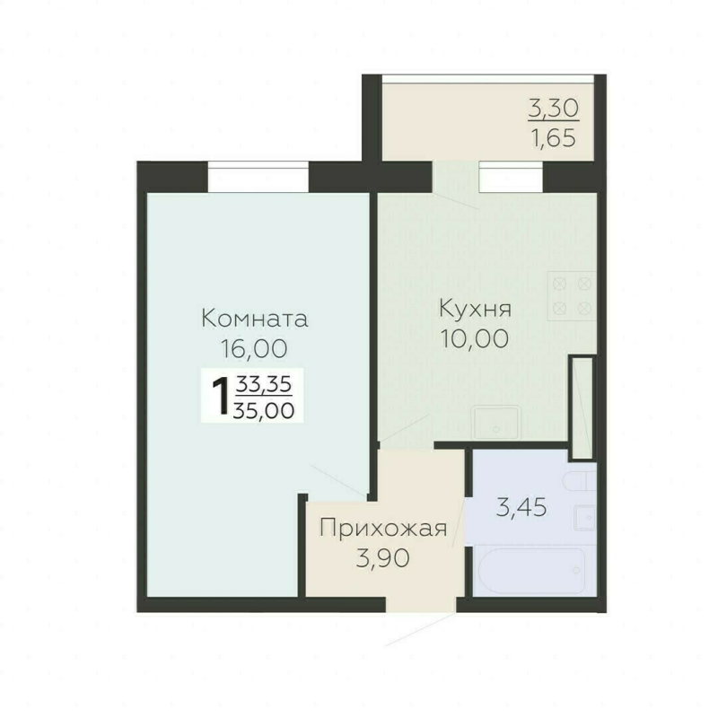 1-комнатная квартира, 35 м² в ЖК "Ленский" - планировка, фото №1