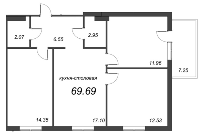 4-комнатная (Евро) квартира, 69.47 м² в ЖК "Grona Lund" - планировка, фото №1
