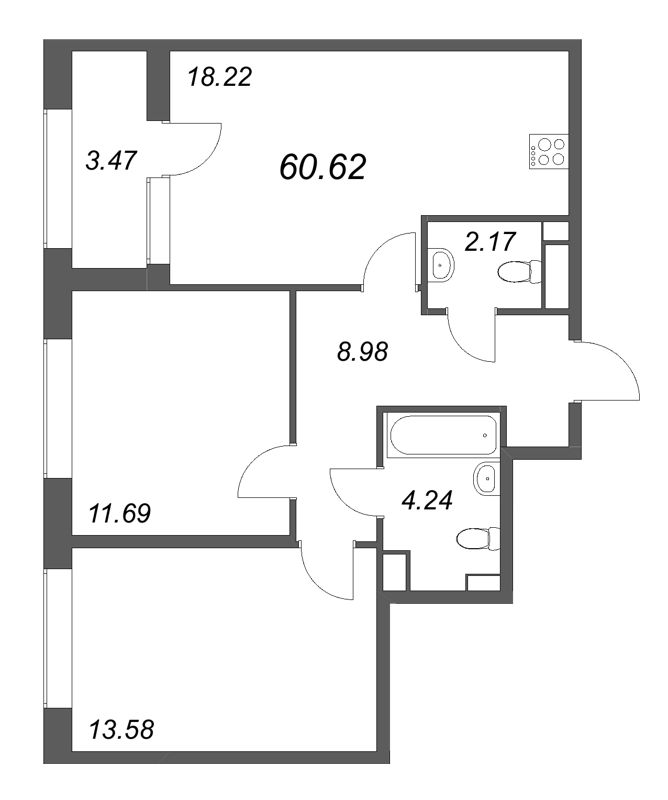 3-комнатная (Евро) квартира, 60.62 м² в ЖК "Аурум" - планировка, фото №1