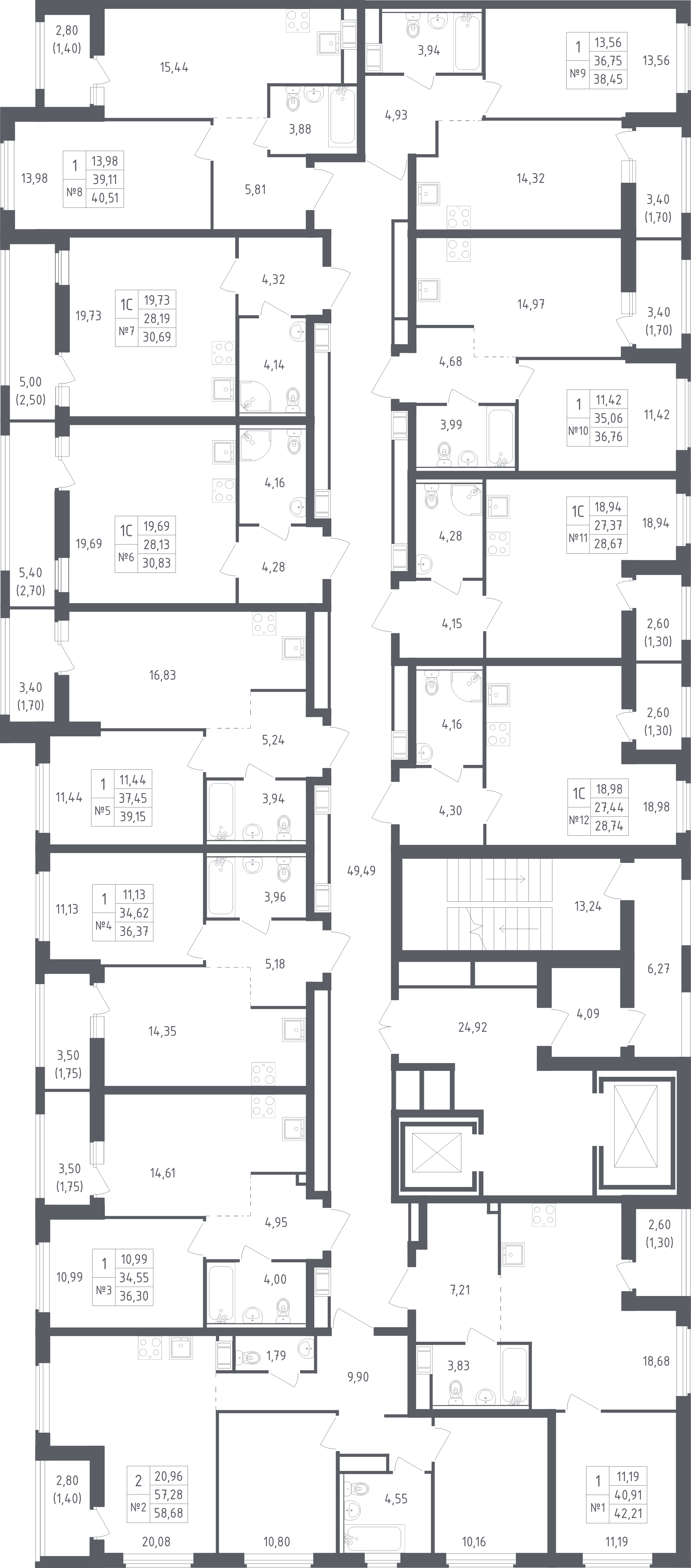 2-комнатная (Евро) квартира, 39.15 м² в ЖК "Южная Нева" - планировка этажа