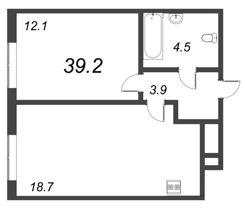 2-комнатная (Евро) квартира, 39.2 м² - планировка, фото №1