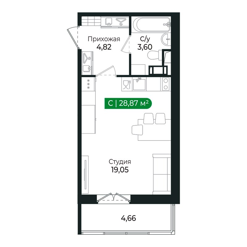 Квартира-студия, 27.3 м² в ЖК "Сертолово Парк" - планировка, фото №1