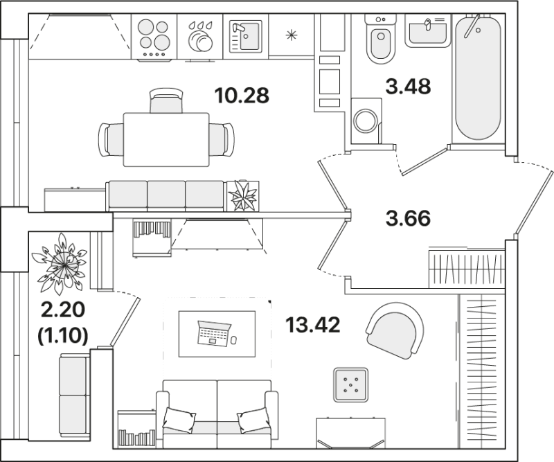 1-комнатная квартира, 31.94 м² - планировка, фото №1