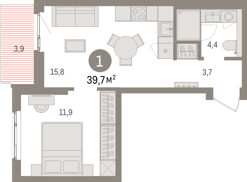 2-комнатная (Евро) квартира, 39.7 м² в ЖК "Брусника в Новоселье" - планировка, фото №1