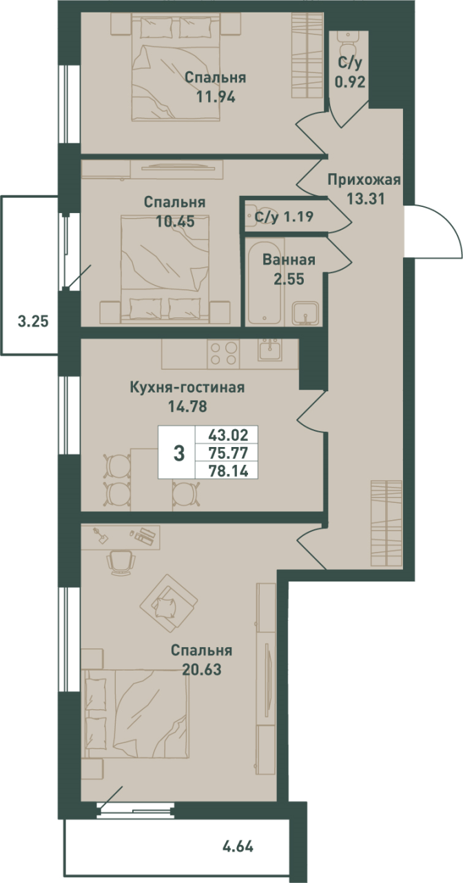 3-комнатная квартира, 78.14 м² в ЖК "Тандем" - планировка, фото №1