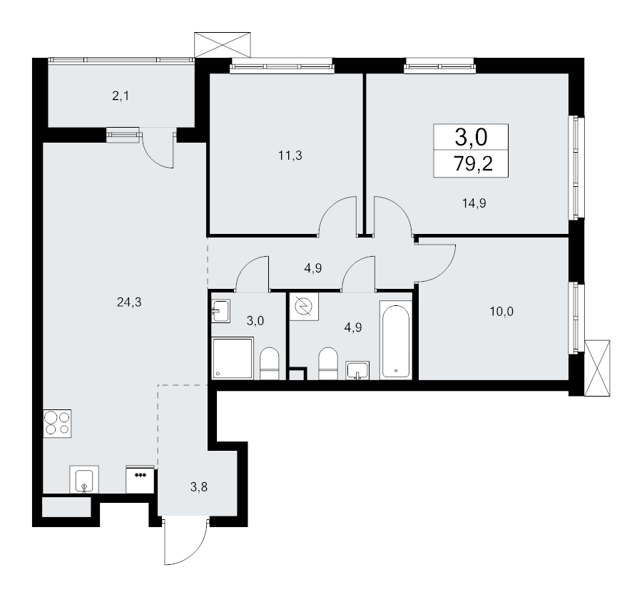 4-комнатная (Евро) квартира, 79.2 м² в ЖК "А101 Лаголово" - планировка, фото №1