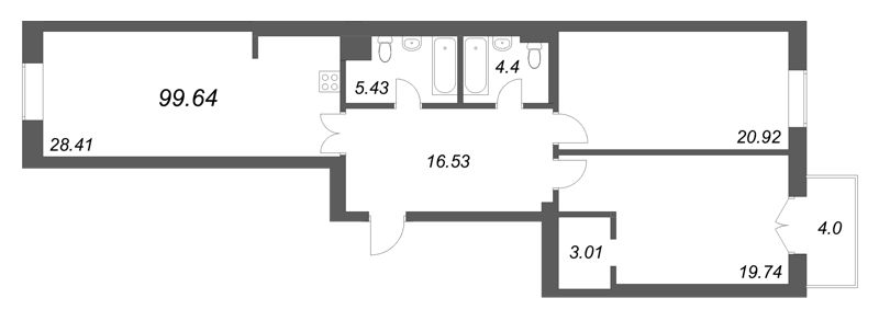 3-комнатная (Евро) квартира, 99.64 м² в ЖК "Фонтанка 130" - планировка, фото №1