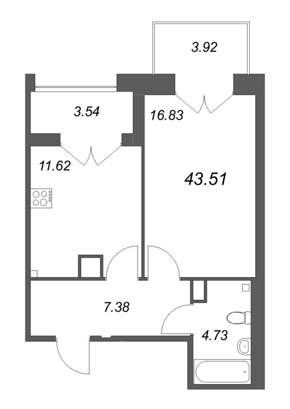 1-комнатная квартира, 43.51 м² - планировка, фото №1