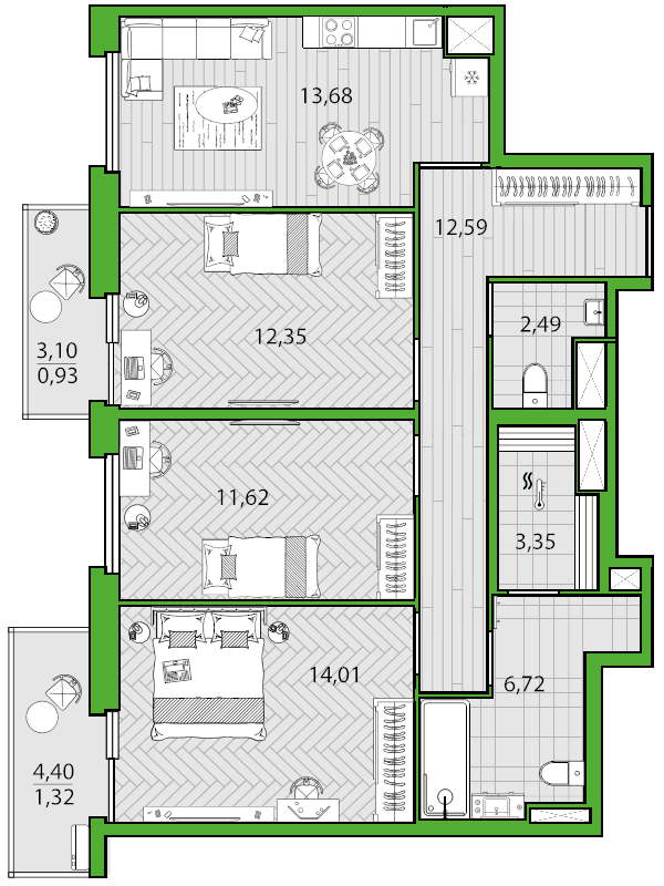 3-комнатная квартира, 78 м² - планировка, фото №1