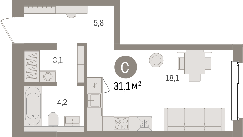 Квартира-студия, 31.1 м² - планировка, фото №1